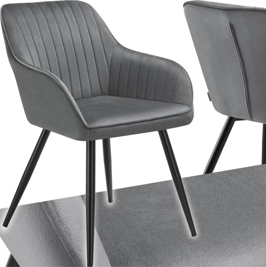 Tectake Stoel Marilyn Elegante Fluwelen Gestikte Eetkamerstoel in Grijs Zwart