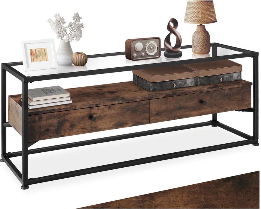 Tectake TV-meubel met 2 lades en glazen blad Lowboard met 2 niveaus voor TV's Houten TV-dressoir Industrieel design Zwart metalen frame Afmeting (LxBxH) 121 5 x 41 5 x 50 5 cm Donkerbruin
