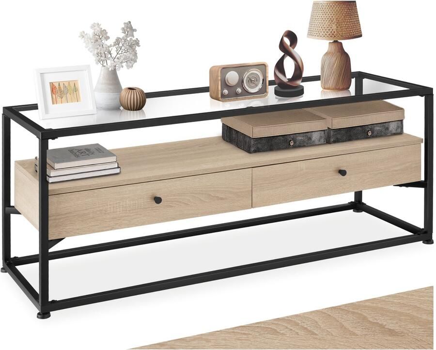 Tectake TV-meubel met 2 lades en glazen blad Lowboard met 2 niveaus voor TV's Houten TV-dressoir Industrieel design Zwart metalen frame Afmeting (LxBxH) 121 5 x 41 5 x 50 5 cm Lichtbruin
