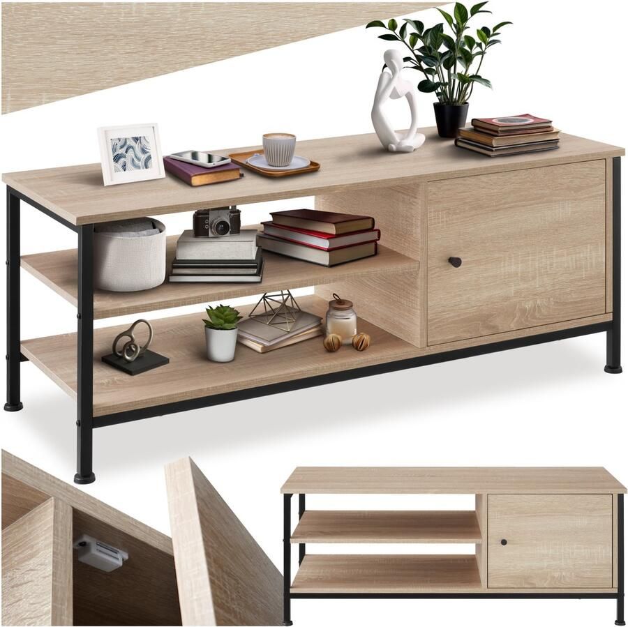 Tectake TV-meubel met kast 2 open vakken en kastje met deur Lowboard voor TV's tot 55 inch Houten TV-dressoir Industrieel design Zwart metalen frame Afmeting (LxBxH) 110 x 40 x 45 5 cm Lichtbruin
