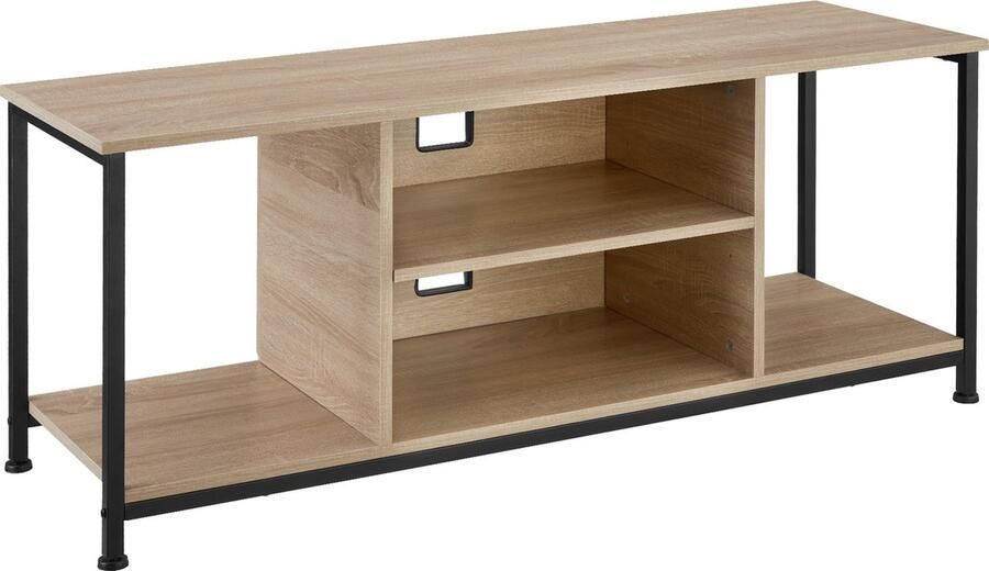 Tectake TV-meubel met 4 open vakken Lowboard voor TV's tot 70 inch Houten TV-dressoir met kabeluitsparingen Industrieel design Zwart metalen frame Afmeting (LxBxH) 120 x 40 x 50 5 cm Lichtbruin - Foto 2