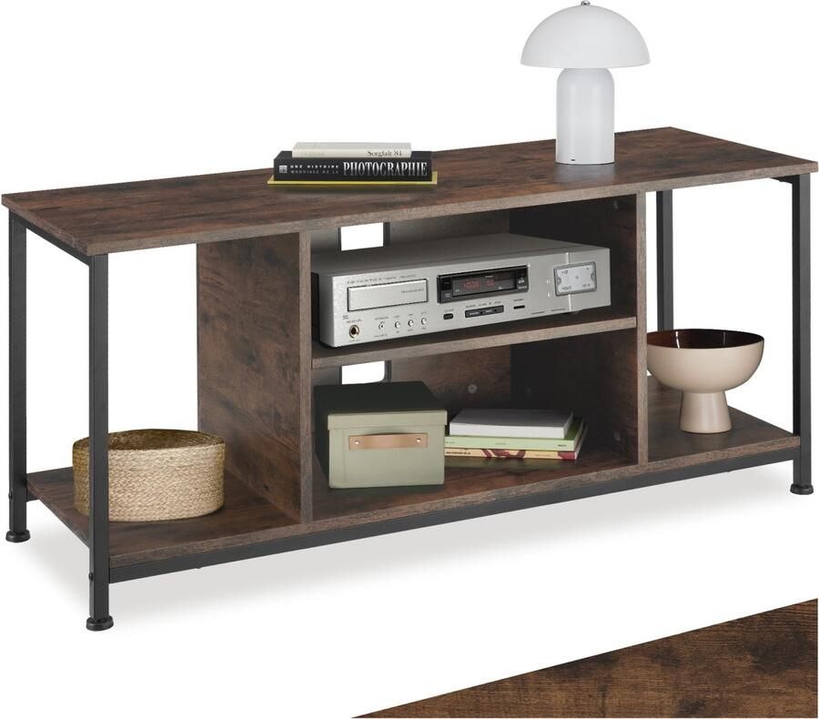 Tectake TV-meubel met 4 open vakken Lowboard voor TV's tot 70 inch Houten TV-dressoir met kabeluitsparingen Industrieel design Zwart metalen frame Afmeting (LxBxH) 110 x 40 x 50 5 cm Donkerbruin