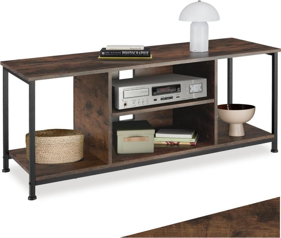 Tectake TV-meubel met 4 open vakken Lowboard voor TV's tot 70 inch Houten TV-dressoir met kabeluitsparingen Industrieel design Zwart metalen frame Afmeting (LxBxH) 120 x 40 x 50 5 cm Donkerbruin