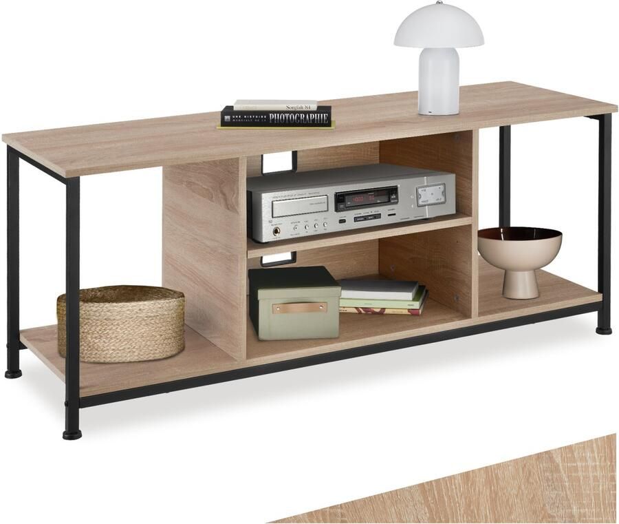 Tectake TV-meubel met 4 open vakken Lowboard voor TV's tot 70 inch Houten TV-dressoir met kabeluitsparingen Industrieel design Zwart metalen frame Afmeting (LxBxH) 120 x 40 x 50 5 cm Lichtbruin