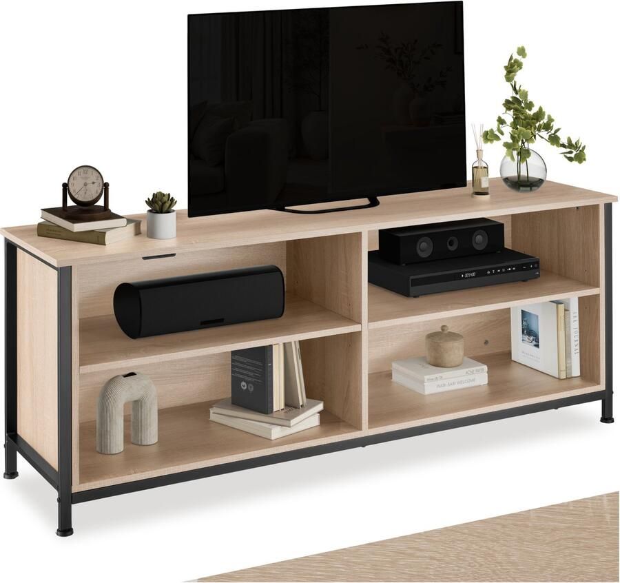 Tectake TV-meubel met 4 vakken Lowboard voor TV's tot 70 Inch Houten TV-dressoir met kabeluitsparingen Industrieel design Zwart metalen frame Afmeting (LxBxH) 147 x 41 x 60 5 cm Lichtbruin