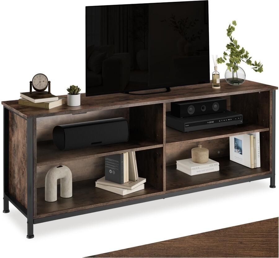 Tectake TV-meubel met 4 vakken Lowboard voor TV's tot 70 Inch Houten TV-dressoir met kabeluitsparingen Industrieel design Zwart metalen frame Afmeting (LxBxH) 147 x 41 x 60 5 cm Donkerbruin