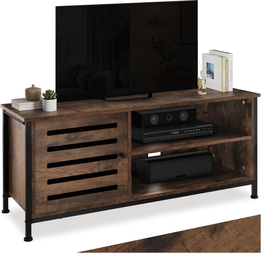 Tectake TV-meubel met kast en 2 vakken Lowboard voor TV's tot 55 Inch Houten TV-dressoir met kabeluitsparingen Industrieel design Zwart metalen frame Afmeting (LxBxH) 110 x 41 5 x 50 5 cm Donkerbruin