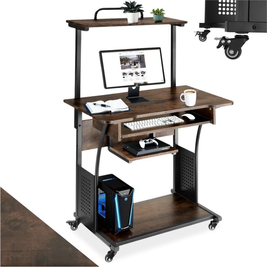 Tectake Verrijdbaar bureau met meerdere niveaus Houten computertafel in industrieel design Uittrekbaar toetsenbord Bureau met wielen Zwart metalen frame Afmeting (LxBxH) 80 x 65 5 x 130 5 cm Donkerbruin - Foto 2