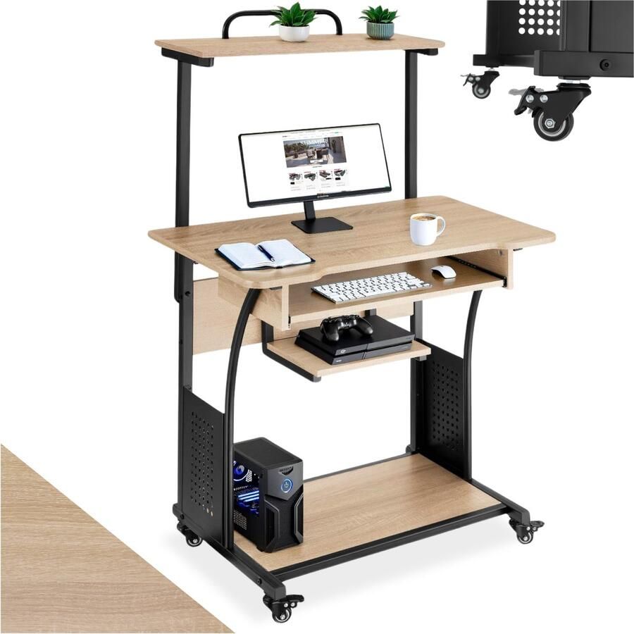 Tectake Verrijdbaar bureau met meerdere niveaus Houten computertafel in industrieel design Uittrekbaar toetsenbord Bureau met wielen Zwart metalen frame Afmeting (LxBxH) 80 x 65 5 x 130 5 cm Lichtbruin