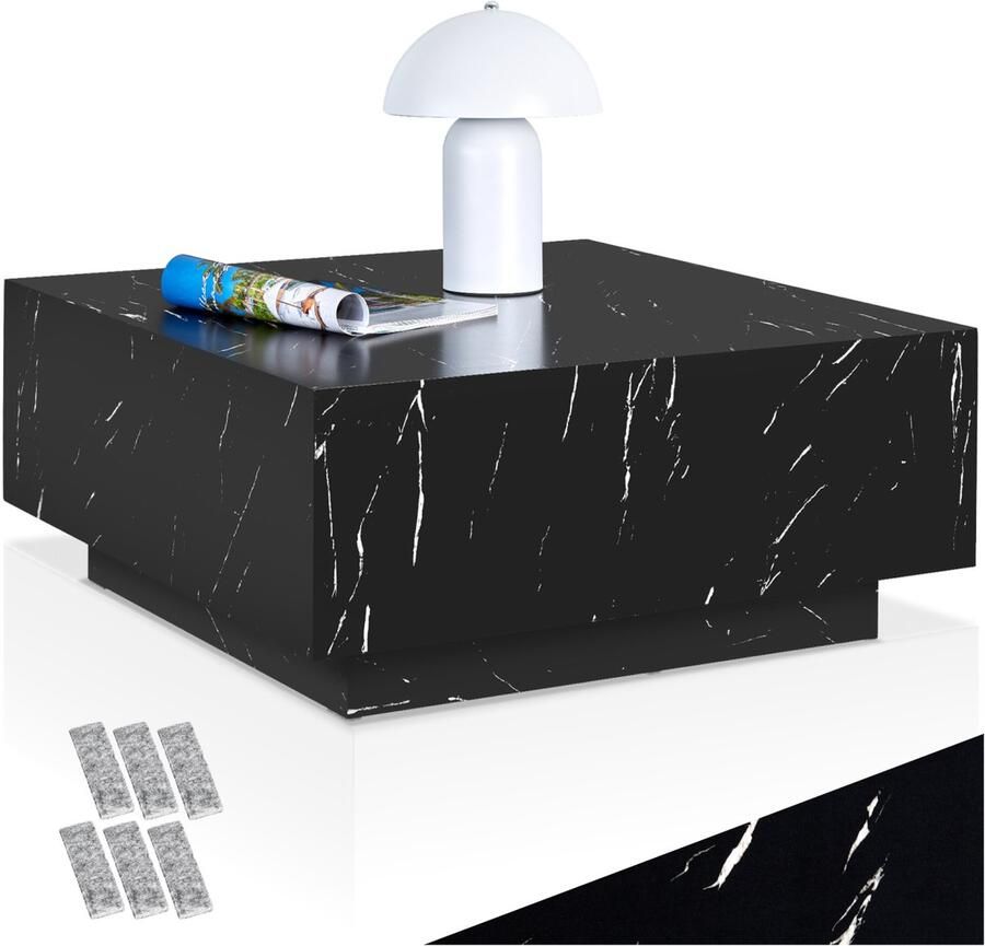 Tectake Vierkante Salontafel Lasley Met Voet 80 x 80 x 35 cm Massieve Bijzettafel van MDF in Marmerlook Tafeltje voor bij de Bank of Woonkamer Draagkracht 45kg