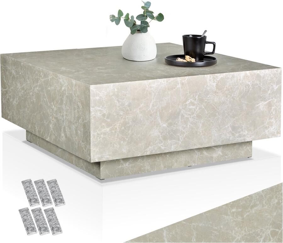 Tectake Vierkante Salontafel Lasley Met Voet 80 x 80 x 35 cm Massieve Bijzettafel van MDF in Travertijnlook Tafeltje voor bij de Bank of Woonkamer Draagkracht 45kg