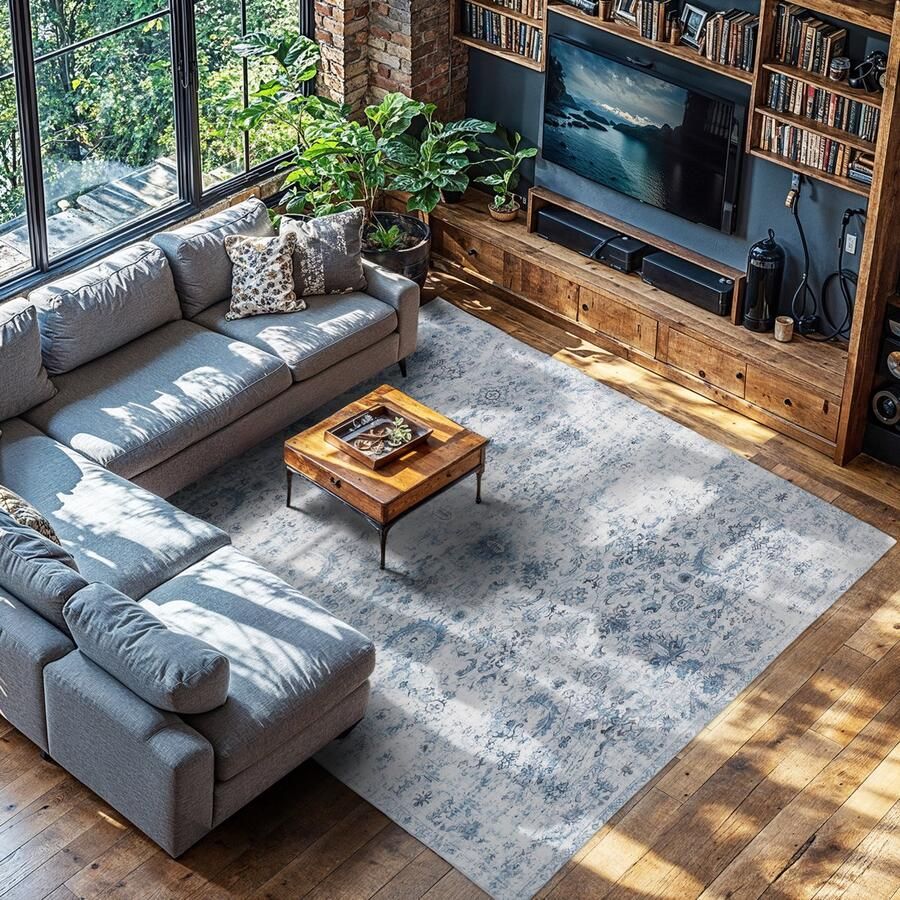 Tectake Vintage design tapijt laagpolig vloerkleed Boho vloerkleed Voor woonkamer slaapkamer kinderkamer of tienerkamer Wasbaar 240cm x 340cm blauw