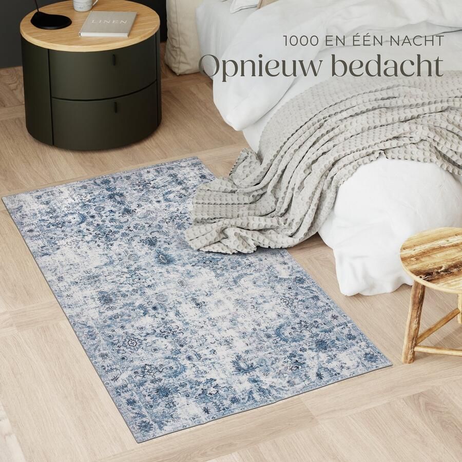 Tectake Vintage design tapijt laagpolig vloerkleed Boho vloerkleed Voor woonkamer slaapkamer kinderkamer of tienerkamer Wasbaar 80cm x 150cm blauw