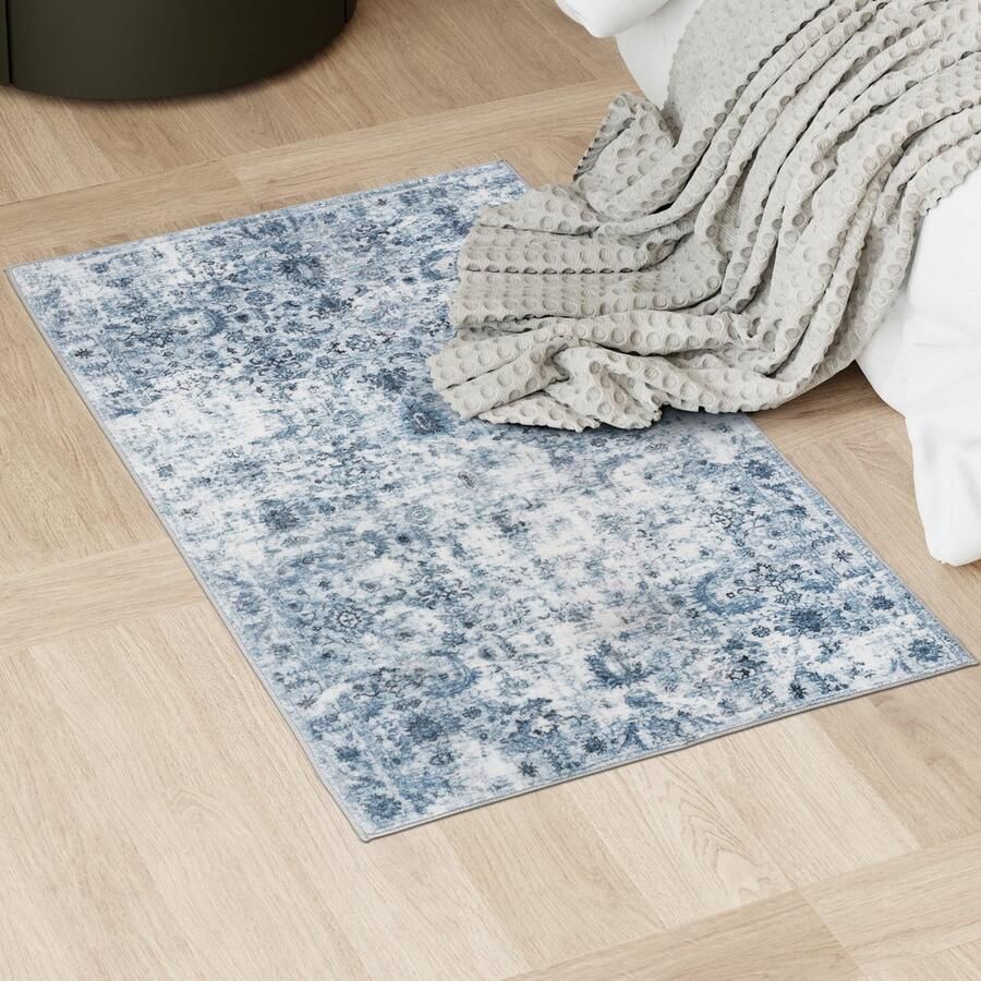Tectake Vintage design tapijt laagpolig vloerkleed Boho vloerkleed Voor woonkamer slaapkamer kinderkamer of tienerkamer Wasbaar 60cm x 110cm blauw