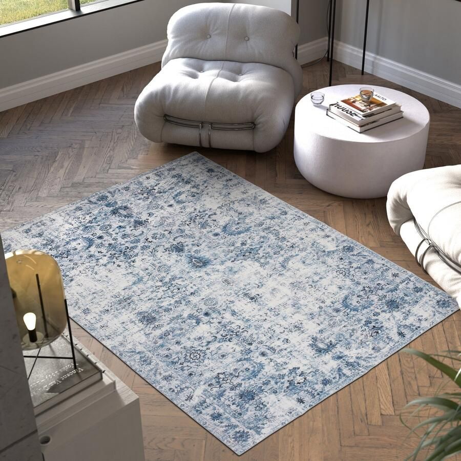 Tectake Vintage design tapijt laagpolig vloerkleed Boho vloerkleed Voor woonkamer slaapkamer kinderkamer of tienerkamer Wasbaar 160cm x 230cm blauw