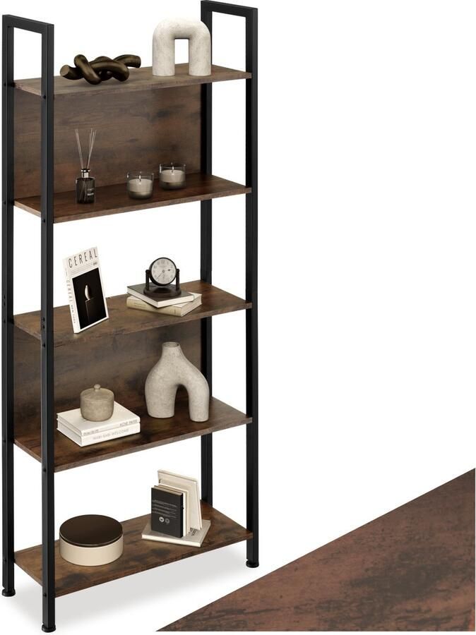 Tectake Wandkast – Boekenkast 5 Niveaus – Houten Kast in Industrieel Design – 62 x 24 x 165 5 cm – Wandkast voor Woonkamer Studeerkamer Kantoor & Keuken – Zwart Metaal Frame donkerbruin - Foto 2