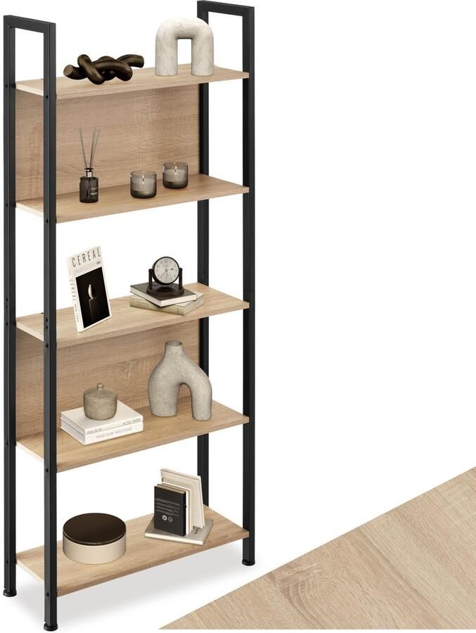Tectake Wandkast – Boekenkast 5 Niveaus – Houten Staande Kast in Industrieel Design – 62 x 24 x 165 5 cm – Wandkast voor Woonkamer Studeerkamer Kantoor & Keuken – Zwart Metaal Frame lichtbruin