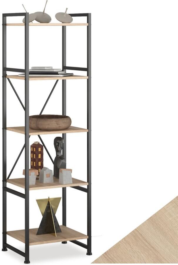 Tectake Wandkast boekenkast met 5 planken en stalen frame voor boeken bloemen ornamenten industriële stelling voor woonkamermeubilair kantooropslag slaapkamer lichtbruin - Foto 2