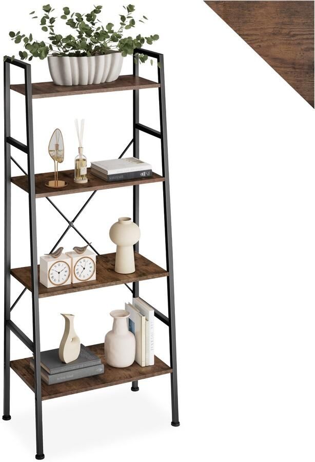 Tectake Wandkast met 4 Niveaus in Industrieel Design 61 5 x 36 5 x 150 cm Vintage Boekenplank voor Woonkamer Slaapkamer Keuken Hout met Zwart Metalen Frame (Industrieel Donkerbruin) - Foto 2