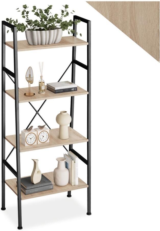 Tectake Wandkast met 4 niveaus Houten boekenkast met 4 planken Industrieel design Voor woonkamer keuken kantoor Zwart metalen frame Afmeting (LxBxH) 57 5 x 35 5 x 139 cm Lichtbruin