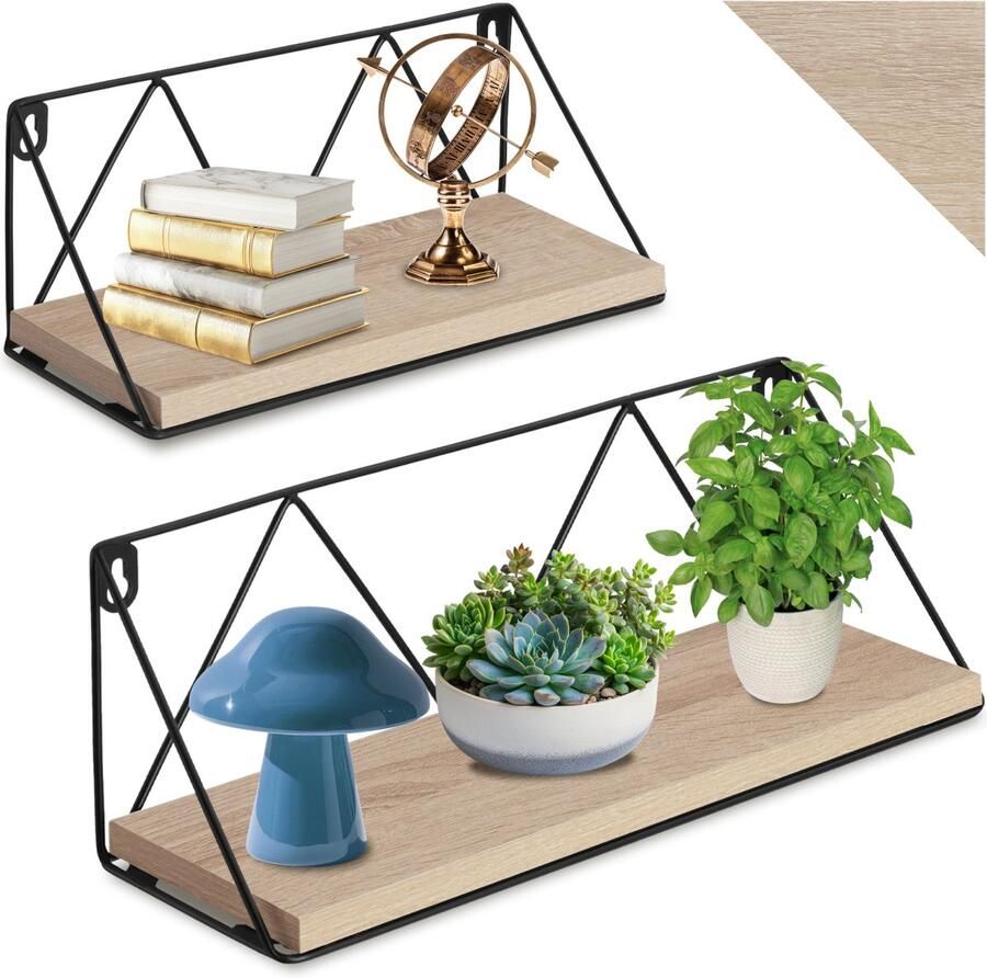 Tectake Wandplanken Hangplank van hout met draadframe Boekenplank Zwevende planken voor woonkamer slaapkamer kantoor Industrieel design Zwart metalen frame Afmeting (LxBxH) 33 5x13x13 en 41x13x14 5 cm Set van 2 planken Lichtbruin