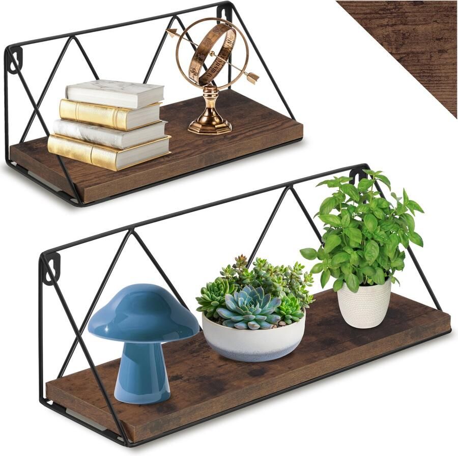 Tectake Wandplanken Hangplank van hout met draadframe Boekenplank Zwevende planken voor woonkamer slaapkamer kantoor Industrieel design Zwart metalen frame Afmeting (LxBxH) 33 5x13x13 en 41x13x14 5 cm Set van 2 planken Donkerbruin