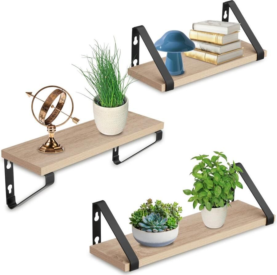 Tectake Wandplanken Hangplanken van hout Boekenplank Zwevende planken voor woonkamer slaapkamer kantoor Industrieel design Zwart metalen frame Afmeting (LxBxH) 30x12x12 cm 35x12x12cm en 40x12x12 cm Set van 3 planken Lichtbruin
