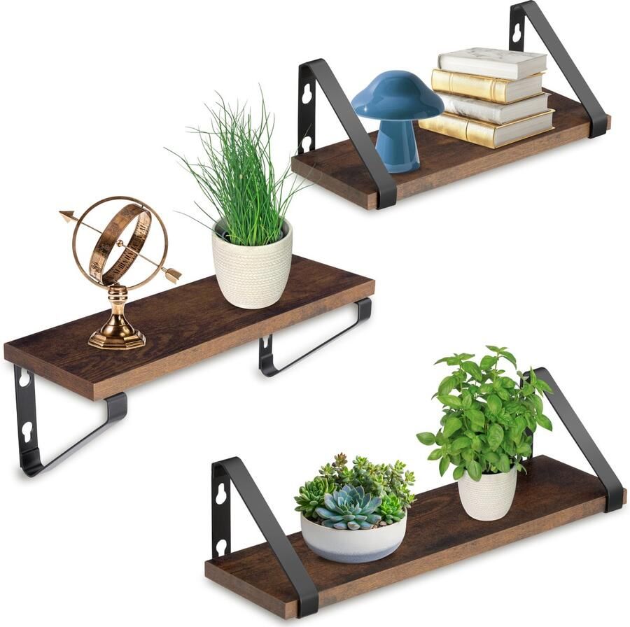 Tectake Wandplanken Hangplanken van hout Boekenplank Zwevende planken voor woonkamer slaapkamer kantoor Industrieel design Zwart metalen frame Afmeting (LxBxH) 30x12x12 cm 35x12x12cm en 40x12x12 cm Set van 3 planken Donkerbruin