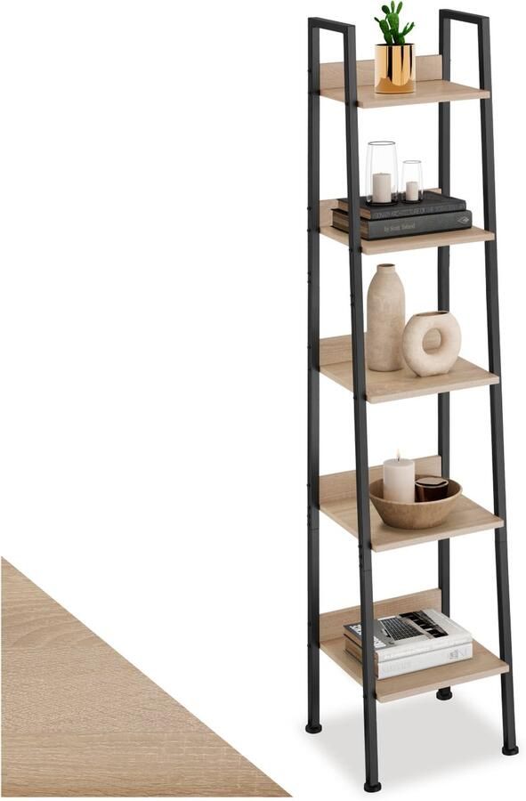 Tectake Wandrek Ladderrek Boekenrek met 4 5 Houten Planken Slanke Open Staande Plank in Industrieel Design Zwart Metalen Frame (Industrieel lichtbruin 35 5 x 31 5 x 170 5 cm) - Foto 2