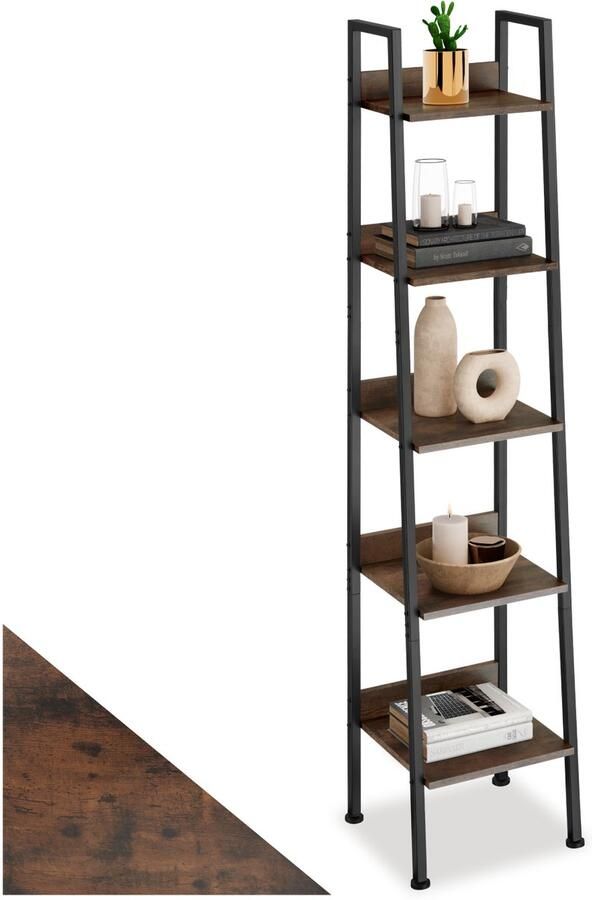 Tectake Wandrek Ladderrek Boekenrek met 4 5 Houten Planken Slanke Open Staande Plank in Industrieel Design Zwart Metalen Frame (Industrieel Donkerbruin 35 5 x 31 5 x 170 5 cm)