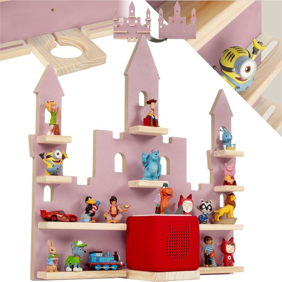 Tectake Wandrek MyLittleStory Fortress Wandplank Speelgoedkast Speelgoedrek voor 28 Tonies Toniebox figuren Massief hout met Magneetstrepen Letterbak Hout Display Kasteelvorm Roze
