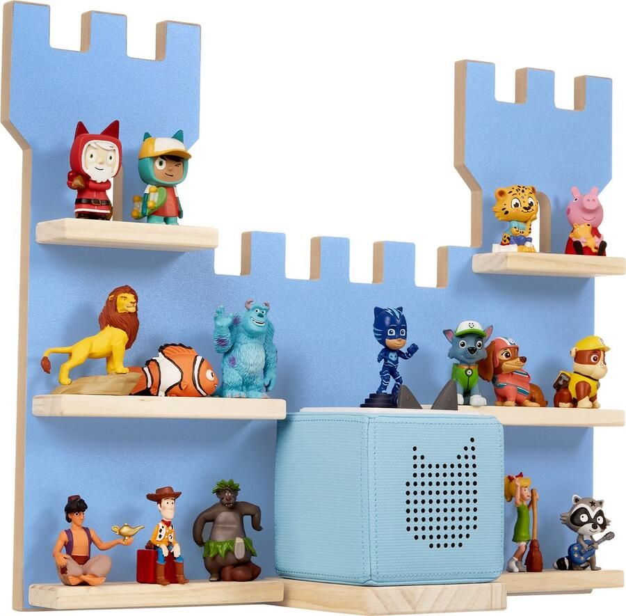 Tectake Wandrek MyLittleStory Fortress Wandplank Speelgoedkast Speelgoedrek voor 28 Tonies Toniebox figuren Massief hout met Metalen Strips voor Magnetische Bevestiging Letterbak Hout Display Kasteelvorm Blauw - Foto 2