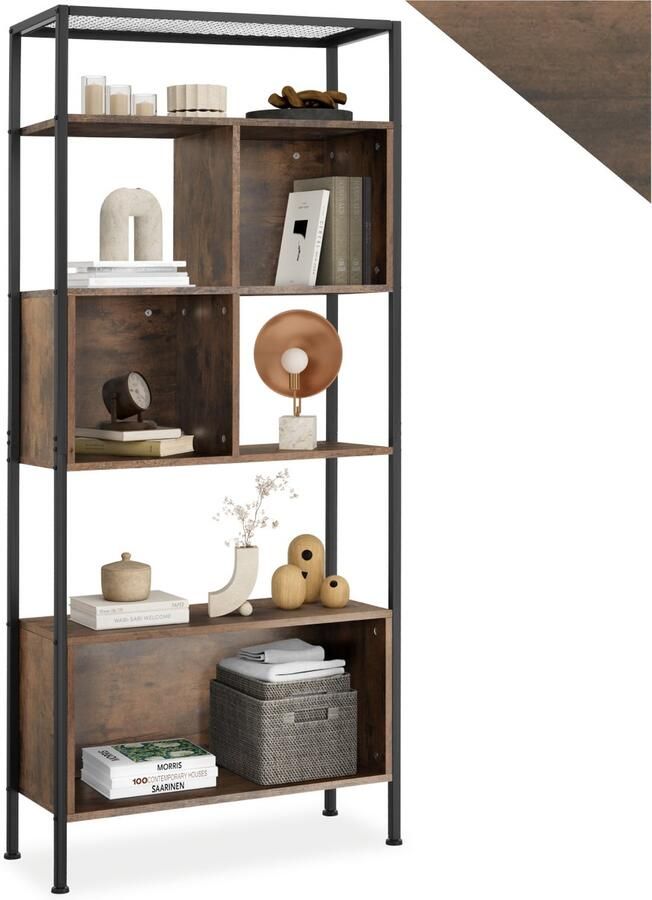 Tectake Wandrek wandkast met 5 Niveaus 75 x 31 x 170 5 cm Boekenkast met Opbergvakken voor Woonkamer Keuken Kantoor Zwart Metalen Frame (donkerbruin ) - Foto 2