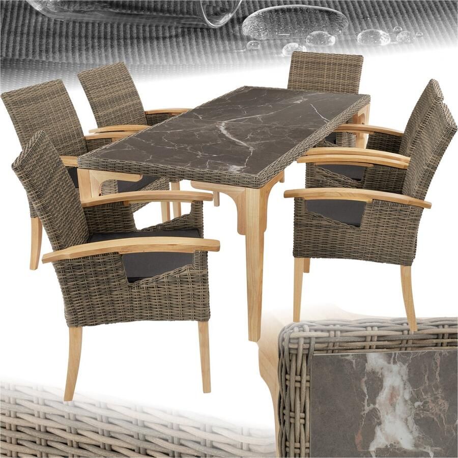 Tectake Wicker meubelset 6 stoelen en 1 tafel Moderne en weerbestendige stoelen (Draagkracht 150 kg) met eettafel in marmerlook ((LxBxH) 196 x 87 x 76 cm) Eetkamer lounge Tuinmeubelen voor balkon terras en buitenkeuken Lichtbruin - Foto 2