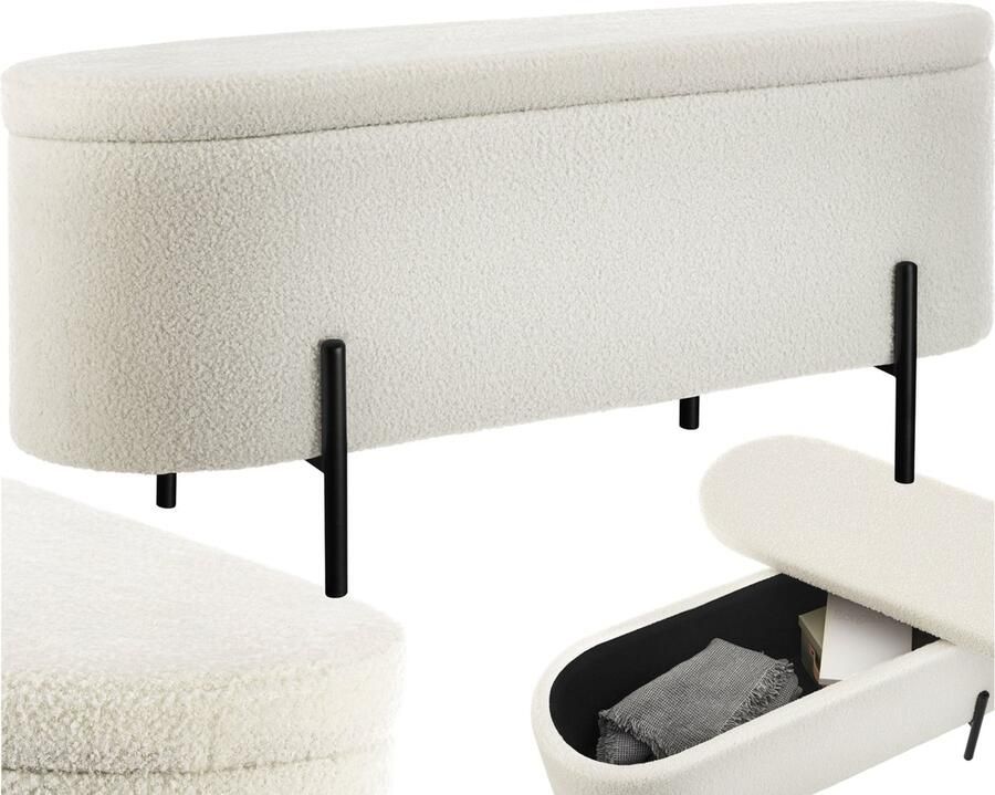 Tectake Zitbank met Opbergruimte 60L Gestoffeerde Opbergbox Bouclé-stof in Scandi-stijl 97 x 36 x 42 cm Opbergbank Zitbankje Halbank Opbergkist Poef 150kg Draagkracht