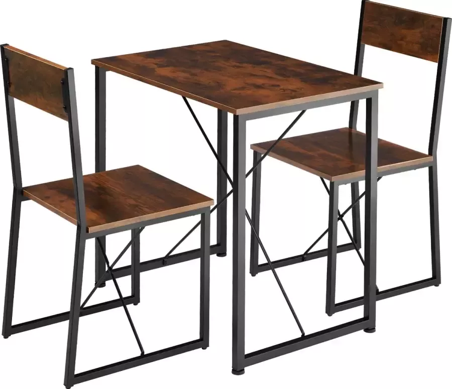 Tectake Zitgroep 3-delig Industrieel design Eetgroep 2 personen Houtlook + metaal Eettafel met 2 stoelen Voor eetkamer of keuken Industrieel donker houtkleur eiken Sonoma - Foto 2