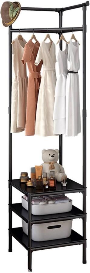 Teedz Kledingrek – Vrijstaand Metalen Kledingrek met Legplanken en Haken – Garderoberek – Kledinghanger – Zwart – 188 cm Hoog Schoenenrek
