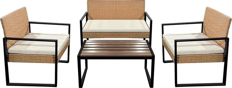 Teesa Ami 4-delige Rattan Tuin Loungeset Licht bruin Meubelset met Bankje Balkonmeubelset Fauteuils Tafel loungeset