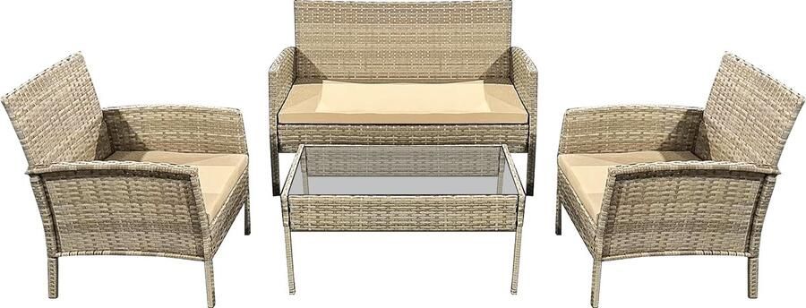 Teesa Mia 4-delige Rattan Tuin Loungeset Beige Meubelset met Bankje Balkonmeubelset Fauteuils Tafel loungeset