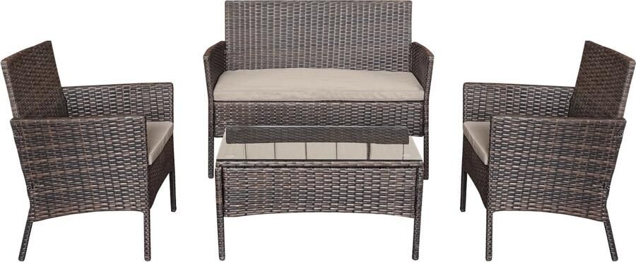 Teesa Rose 4-delige Rattan Tuin Loungeset Bruin Meubelset met Bankje Balkonmeubelset Fauteuils Tafel loungeset