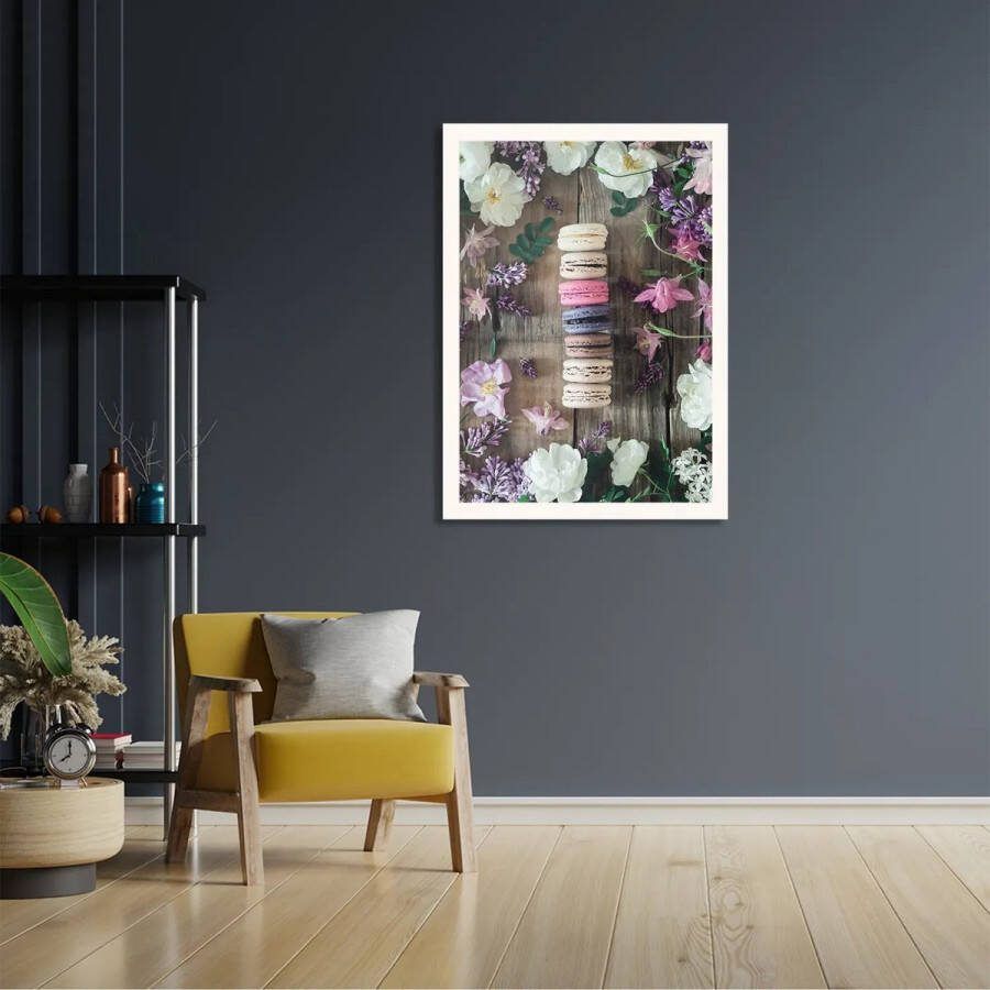 Tegen de Wand Poster Macarons op Bloemen Tafel Rechthoek Verticaal Met Lijst L (40 X 50 CM) Witte Lijst Wanddecoratie Posters
