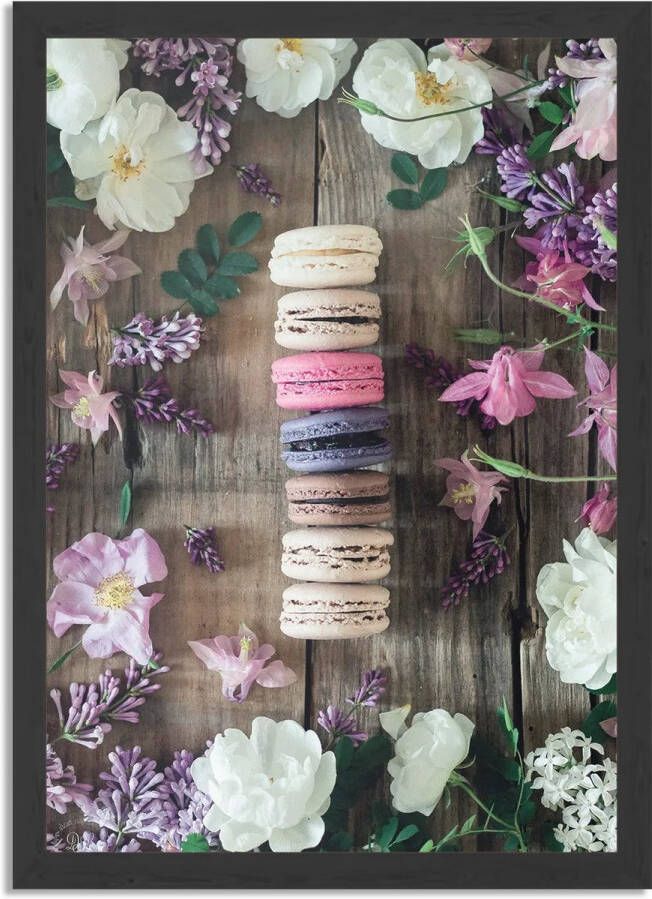 Tegen de Wand Poster Macarons op Bloemen Tafel Rechthoek Verticaal Met Lijst L (40 X 50 CM) Zwarte Lijst Wanddecoratie Posters