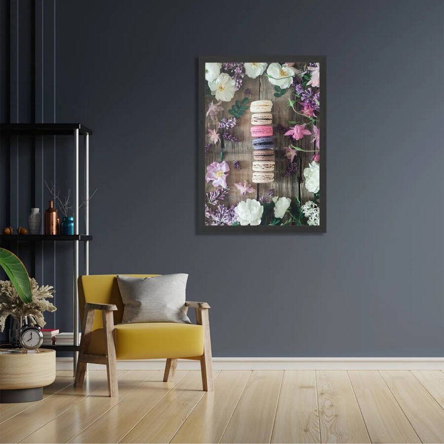 Tegen de Wand Poster Macarons op Bloemen Tafel Rechthoek Verticaal Met Lijst M (30 X 40 CM) Witte Lijst Wanddecoratie Posters