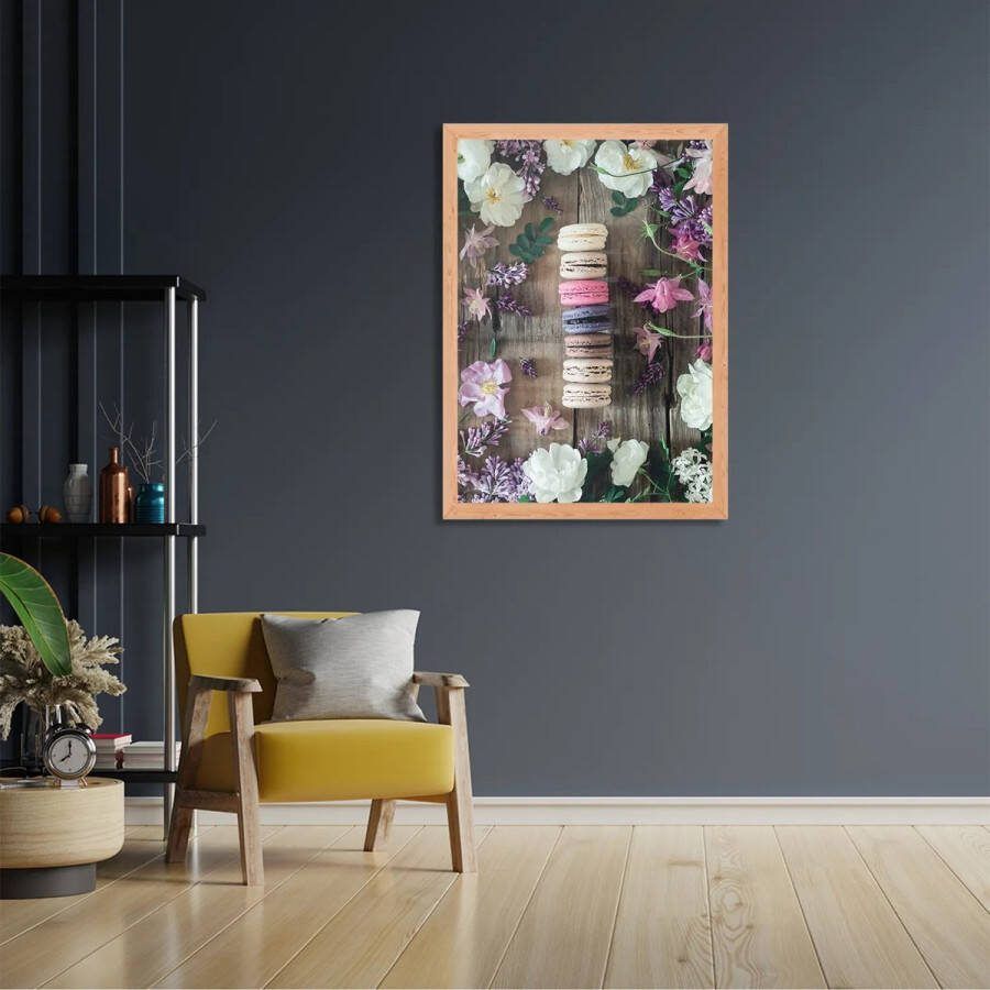 Tegen de Wand Poster Macarons op Bloemen Tafel Rechthoek Verticaal Met Lijst XL (50 X 70 CM) Hout Houten Lijst Bruine Lijst Wanddecoratie Posters - Foto 2