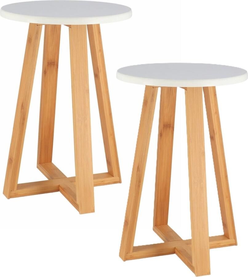Tendance Bijzet krukje model Oslo 2x wit bamboe hout D30 x H43 cm bijzettafeltje