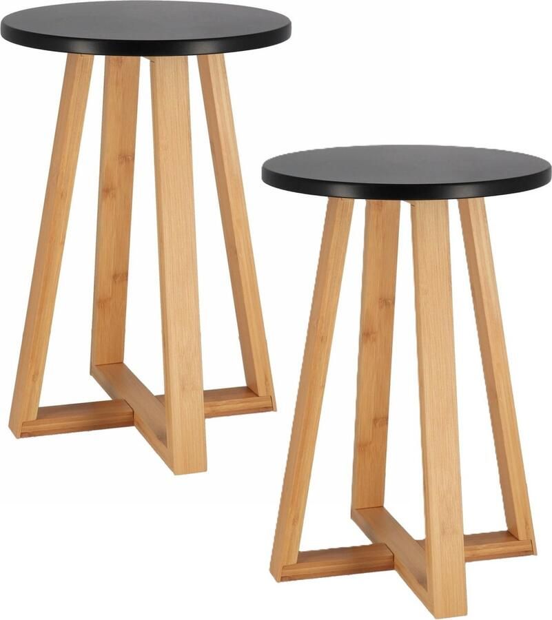 Tendance Bijzet krukje model Oslo 2x zwart bamboe hout D30 x H43 cm bijzettafeltje
