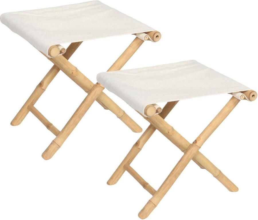 Tendance Bijzet krukje stoel 2x Inklapbaar creme wit vouwkruk bamboe polyester 40 x 40 x 42 cm