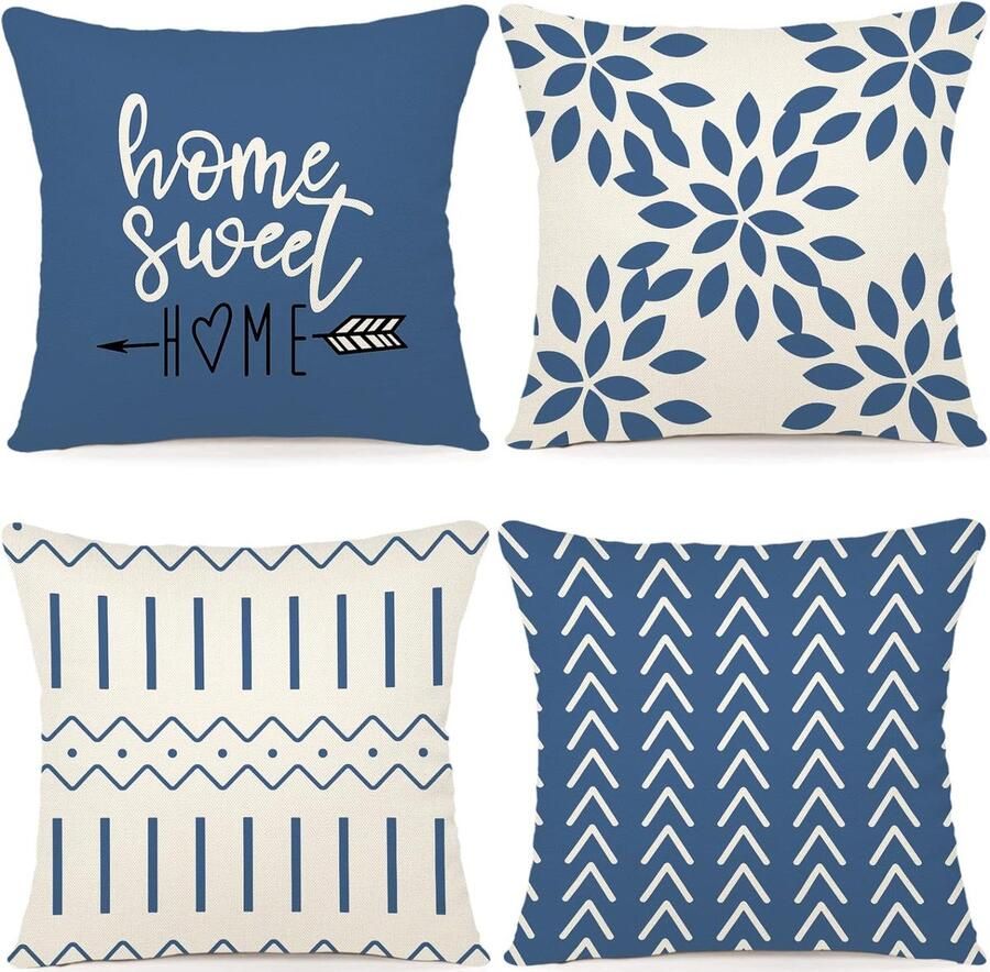 Tennove Set van 4 buiten kussenhoezen Blauw beige 40 x 40 cm Outdoor linnen sierkussenhoes Waterbestendig Tuinset loungebank kussenslopen Zonder kussens Vierkant Waterdicht Hoezen Kussensloop met print Sierkussenhoezen 4 stuks