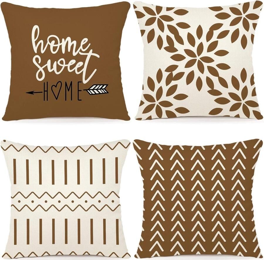 Tennove Set van 4 buiten kussenhoezen Bruin beige 40 x 40 cm Outdoor linnen sierkussenhoes Waterbestendig Tuinset loungebank kussenslopen Zonder kussens Vierkant Waterdicht Hoezen Kussensloop met print Sierkussenhoezen 4 stuks