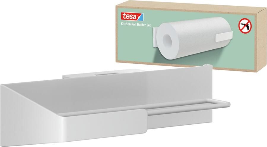 Tesa keukenaccessoires keukenrolhouder – zelfklevend horizontaal verticaal montage zonder boren – wit